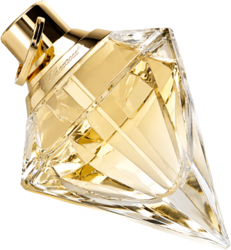 Woda perfumowana Chopard Brilliant Wish. Złota butelka o geometrycznym kształcie, bursztynowy płyn, widok pod kątem.