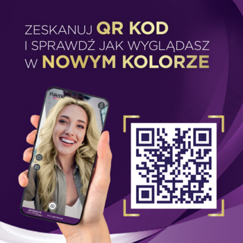 Ręka ze smartfonem z wirtualną przymierzalnią koloru włosów; obok duży QR kod do wypróbowania farby Palette.