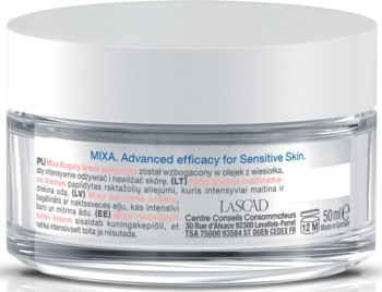 Tył białego słoiczka Mixa Bogaty krem odżywczy z wiesiołka dla skóry wrażliwej 50ml.
