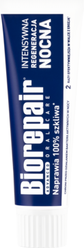 Biorepair Advanced Oral Care, ciemnoniebieska tubka pasty "Intensywna Regeneracja Nocna", widok z przodu.