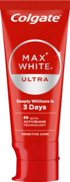 Czerwona tubka pasty Colgate Max White Ultra Sensitive Care, wybiela zęby w 3 dni, widok z przodu.