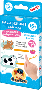 Niebieskie pudełko "Paluszkowe Zabawy" Czuczu, książeczka aktywizująca dla 15+ mies., widok z przodu.