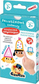 Czuczu Paluszkowe zabawy, aktywizująca książeczka dla dzieci 2+, niebieskie pudełko z ilustracjami czapeczek, widok z przodu.