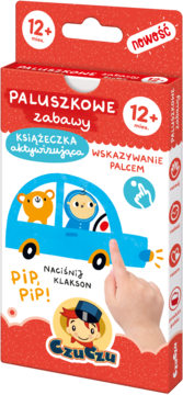 Czerwone pudełko książeczki Czuczu Paluszkowe zabawy 12+ miesięcy, z ilustracją auta i wskazującej dłoni.