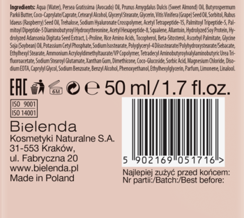 Tył opakowania kremu Bielenda 50ml, różowe z białym tekstem, kodem kreskowym, informacjami producenta.