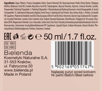 Tył opakowania kremu Bielenda 50 ml z listą składników, kodem kreskowym i napisem Made in Poland.