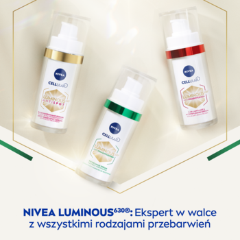 Trzy butelki serum NIVEA Cellular Luminous 630, białe z kolorowymi detalami, widok z góry na jasnym tle.