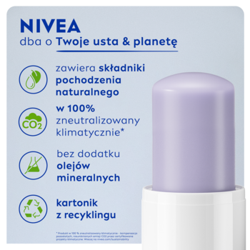 NIVEA Overnight lawendowa pomadka do ust. Fioletowy sztyft z detalami o składnikach naturalnych i recyklingu.