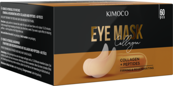 Kimoco Eye Mask Collagen + Peptides, ujędrniające hydrożelowe płatki w czarno-złotym pudełku, widok pod kątem.