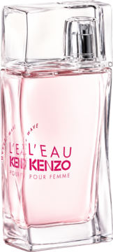 Kenzo L'Eau Pour Femme Hyper Wave, różowa woda toaletowa. Szklana butelka z falistym kształtem, widok z przodu.