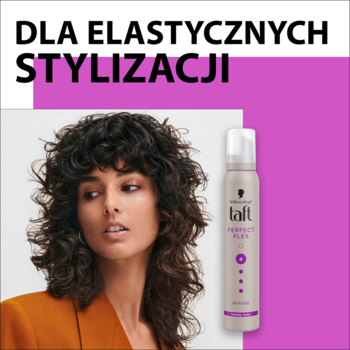 Taft Perfect Flex Mousse w srebrno-purpurowej butelce, obok modelka z kręconymi włosami. Dla elastycznych stylizacji.