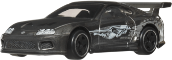 Ciemnoszary model auta Toyota Supra, grafiki z Fast and Furious, duży spojler, widok z przodu pod kątem.