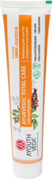 AYOUTH VEDA Ayurvedic Total Care 360 toothpaste, tubka z pomarańczową etykietą, do kompleksowej higieny jamy ustnej.