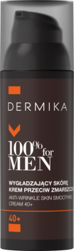 Dermika 100% for MEN, wygładzający krem przeciw zmarszczkom 40+ w ciemnej butelce z pompką, widok z przodu.
