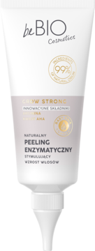 beBIO Peeling Enzymatyczny w białej tubie z aplikatorem, stymulujący wzrost włosów, widok z przodu.