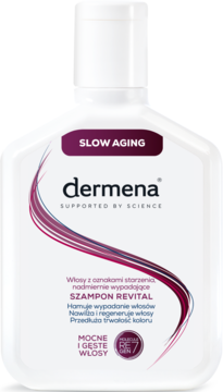 Biała butelka szamponu Dermena Revital, widok z przodu, z etykietą 'SLOW AGING'. Hamuje wypadanie włosów.