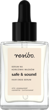 Resibo Safe & Sound serum na końcówki włosów. Przezroczysta butelka z czarnym zakraplaczem, beżowa etykieta, widok frontalny.