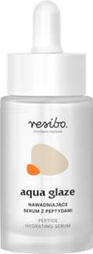 Resibo Aqua Glaze Nawadniające Serum z Peptydami, biała butelka z kroplomierzem, front, beżowo-pomarańczowy wzór.
