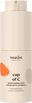 Resibo Cup of C serum z witaminą C. Beżowa butelka z pompką, widok z przodu, z pomarańczowym kształtem.