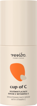 Resibo Cup of C rozświetlające serum z witaminą C, beżowa butelka z pomarańczowym wzorem i czarnym tekstem, widok z przodu.