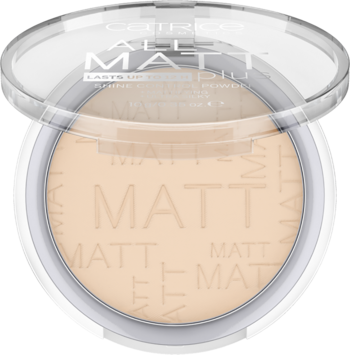 Beżowy puder matujący Catrice All Matt Plus Shine Control, widok z góry, kasetka z otwartym wieczkiem.