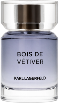 Szklana butelka wody toaletowej Karl Lagerfeld Bois de Vétiver z lawendowym płynem, widok frontalny.