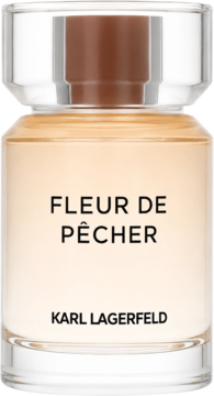 Karl Lagerfeld Fleur De Pêcher damska woda perfumowana w przezroczystej butelce z brzoskwiniowym płynem, widok z przodu.