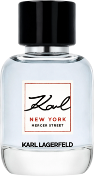 Karl Lagerfeld New York Mercer Street, męska woda toaletowa, szklana butelka z czarną nakrętką, widok z przodu.