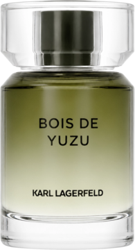 Bois De Yuzu Karl Lagerfeld, zielona woda perfumowana w butelce z gradientem i transparentną nakrętką, widok z przodu.