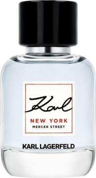 Męska woda toaletowa Karl Lagerfeld New York Mercer Street, szklana butelka z czarnym korkiem, etykieta z czerwonym NEW YORK, widok z przodu.
