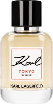 Karl Lagerfeld Tokyo Shibuya, woda perfumowana dla kobiet w szklanej butelce z czarną zakrętką, widok z przodu.