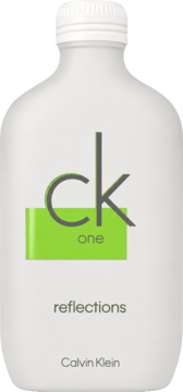 Calvin Klein One Reflections woda toaletowa unisex, biała butelka z zielonym akcentem ck one, widok z przodu.