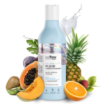 Fluid termoochronny so!flow w błękitnej butelce z holograficzną etykietą, otoczony tropikalnymi owocami i mlekiem.