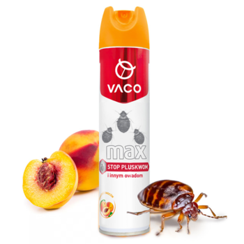 Vaco Max spray na pluskwy z atomizerem, owocowy zapach. Pomarańczowo-biała butelka, obok brzoskwinie i owad.