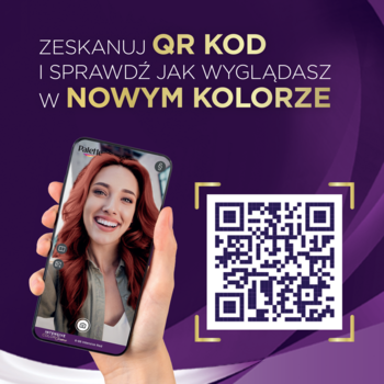 Smartfon z symulacją koloru włosów na kobiecie, obok QR kod. Zeskanuj i zobacz, jak wyglądasz w nowym odcieniu.
