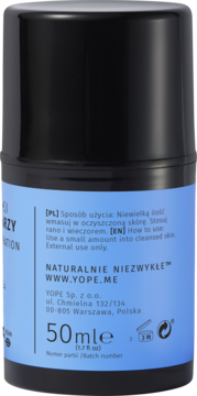 Czarno-niebieski YOPE regenerujący krem do twarzy dla mężczyzn 50ml, widok z tyłu z instrukcją.
