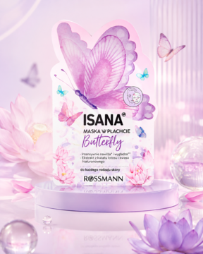 Isana Maska w płachcie Butterfly nawilżająca z lotosem i hialuronowym. Różowe opakowanie-motyl na kwiatowym tle.