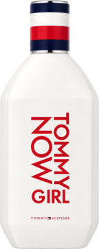 Biała butelka wody toaletowej Tommy Girl Now z czerwonym napisem i korkiem w paski blue-white-red. Widok z przodu.