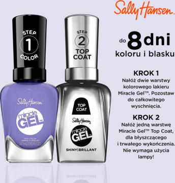 Dwa lakiery Sally Hansen Miracle Gel: fioletowy kolor (krok 1) i srebrny top coat (krok 2), widok z przodu.