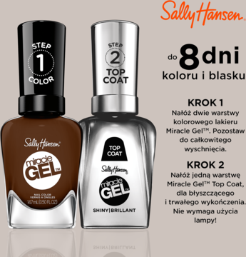 Sally Hansen Miracle Gel: brązowy lakier (krok 1) i srebrny top coat (krok 2) na beżowym tle, widok z przodu.