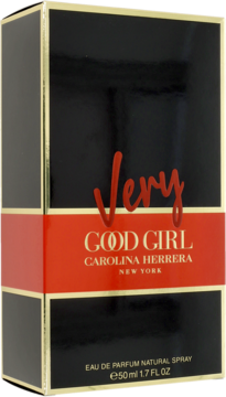 Czarno-czerwone pudełko perfum Carolina Herrera Very Good Girl EDP, widok z przodu, złote detale.