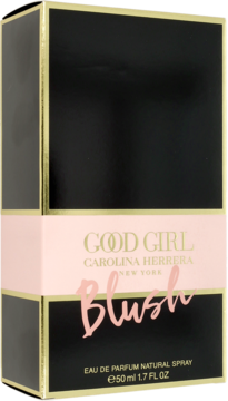 Carolina Herrera Good Girl Blush EDP, czarne pudełko ze złotymi brzegami i różową etykietą, widok z przodu.
