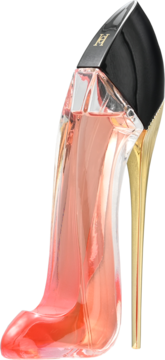 Carolina Herrera Very Good Girl: perfumy w eleganckim flakonie w kształcie szpilki, różowy płyn, złoty obcas, z boku.