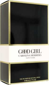 Czarno-złote pudełko perfum Good Girl Carolina Herrera 80ml, widok z przodu z napisem EAU DE PARFUM.