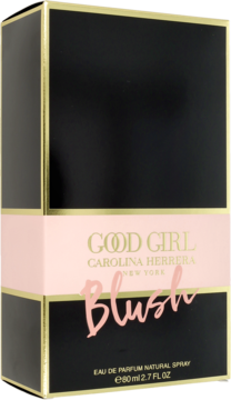 Pionowe pudełko perfum Carolina Herrera Good Girl Blush, czarno-różowe ze złotymi krawędziami, widok z przodu.