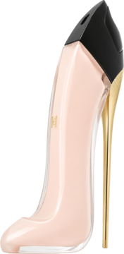 Flakon Carolina Herrera Good Girl Blush EDP w kształcie różowej szpilki z czarną górą i złotym obcasem, widok z boku.