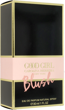 Carolina Herrera Good Girl Blush 30ml EDP, czarno-złote pudełko z różowym pasem, widok przodem.