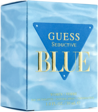 Niebieskie opakowanie wody toaletowej Guess Seductive Blue dla kobiet, z efektem fal wody, widok z przodu.
