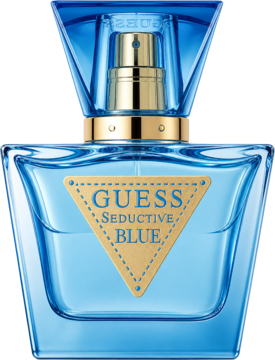 Guess Seductive Blue woda toaletowa damska. Niebieski flakon ze złotym napisem i trójkątną etykietą, widok z przodu.