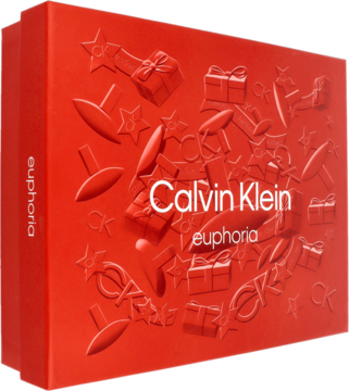 Czerwone świąteczne pudełko Calvin Klein Euphoria, z wytłoczonymi gwiazdami i prezentami, widok z przodu pod kątem.